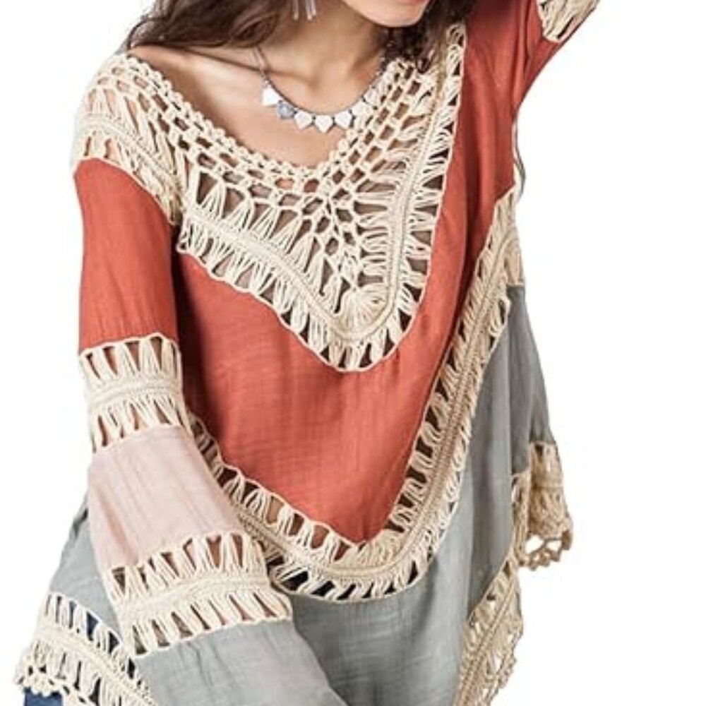 Women’s Boho V Neck Crochet Tunic Tops Blouse Shirt Hollow Out Beach Swimsuit Co
